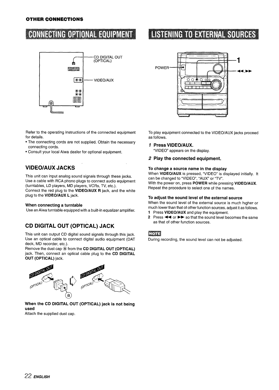 Aiwa CX-NMT240, NSX-MT241 manual VIDEO/AUX Jacks, CD Digital OUT Optical Jack, OTHE#k WMWC%TIONS, Press VIDEO/AUX 