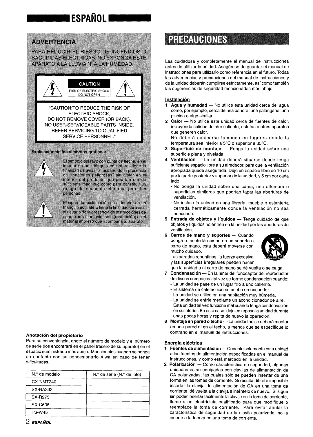 Aiwa CX-NMT240 manual Anotacion del propietario, Montaje en pared o techo La unidad no se debera montar, Eneraia electrica 