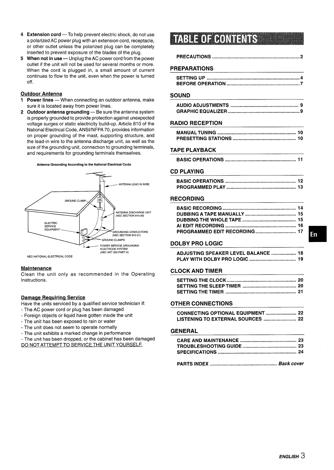 Aiwa NSX-MT241 manual Preparations, Sound, Radio Reception, Tape Playback, CD Playing, Recording, Dolby PRO Logic, General 