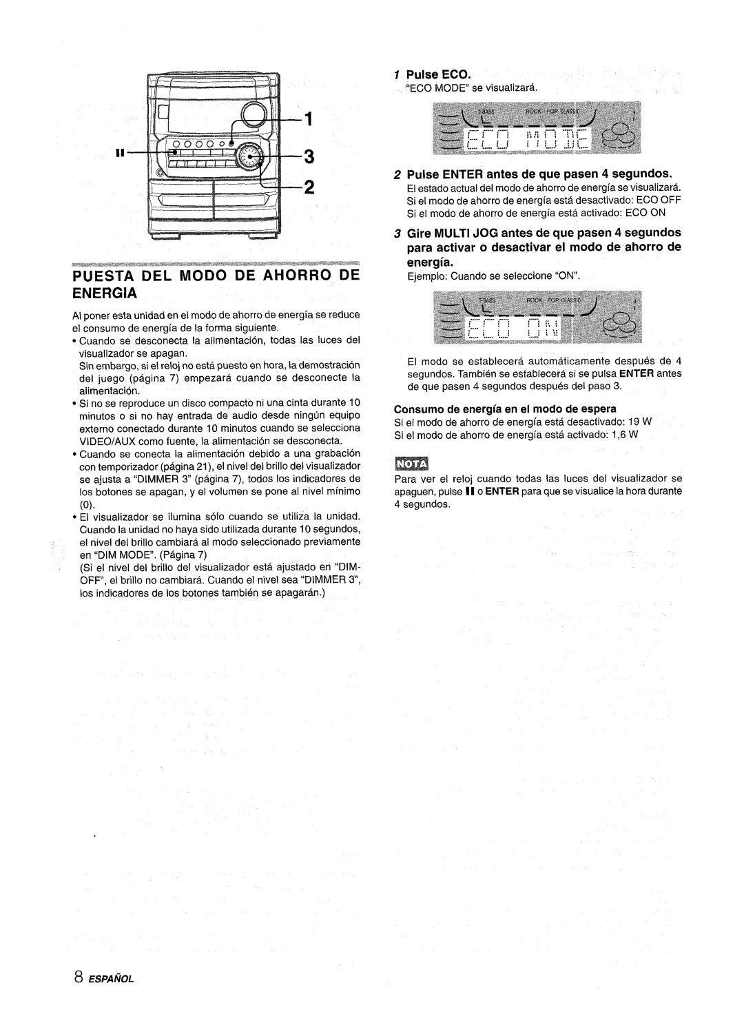 Aiwa CX-NMT240, NSX-MT241 manual Pulse ECO, Pulse Enter antes de que pasen 4 segundos 