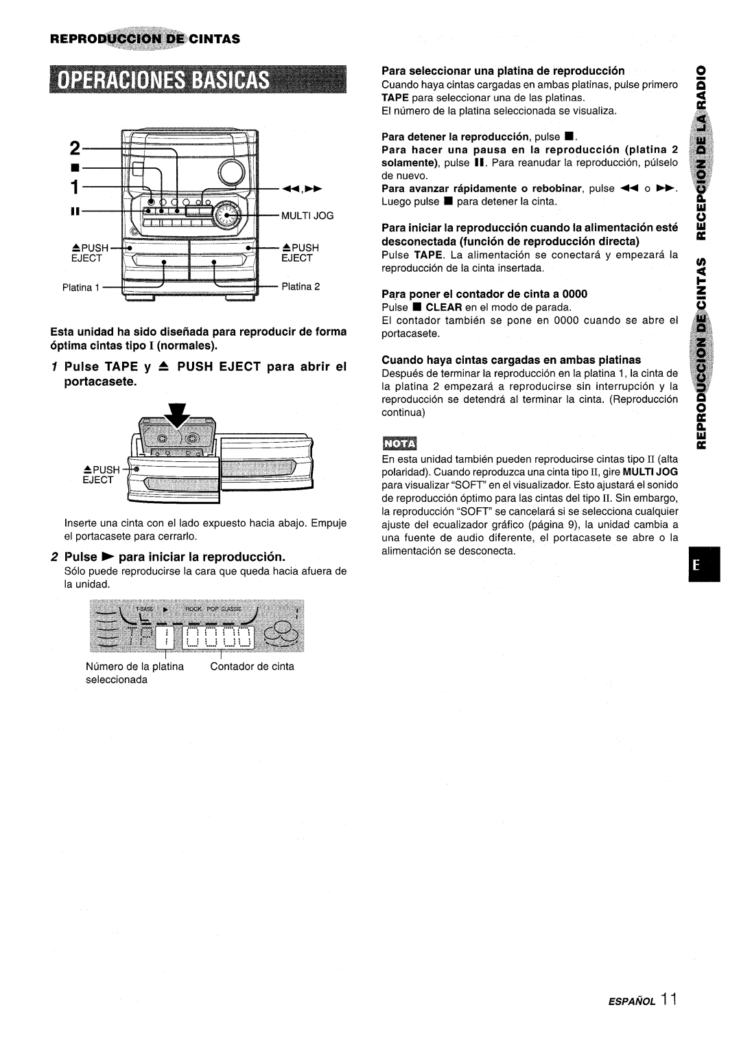 Aiwa NSX-MT241, CX-NMT240 manual Pulse Tape y a Push Eject para abrir et portacasete, Pulse F para iniciar la reproduction 