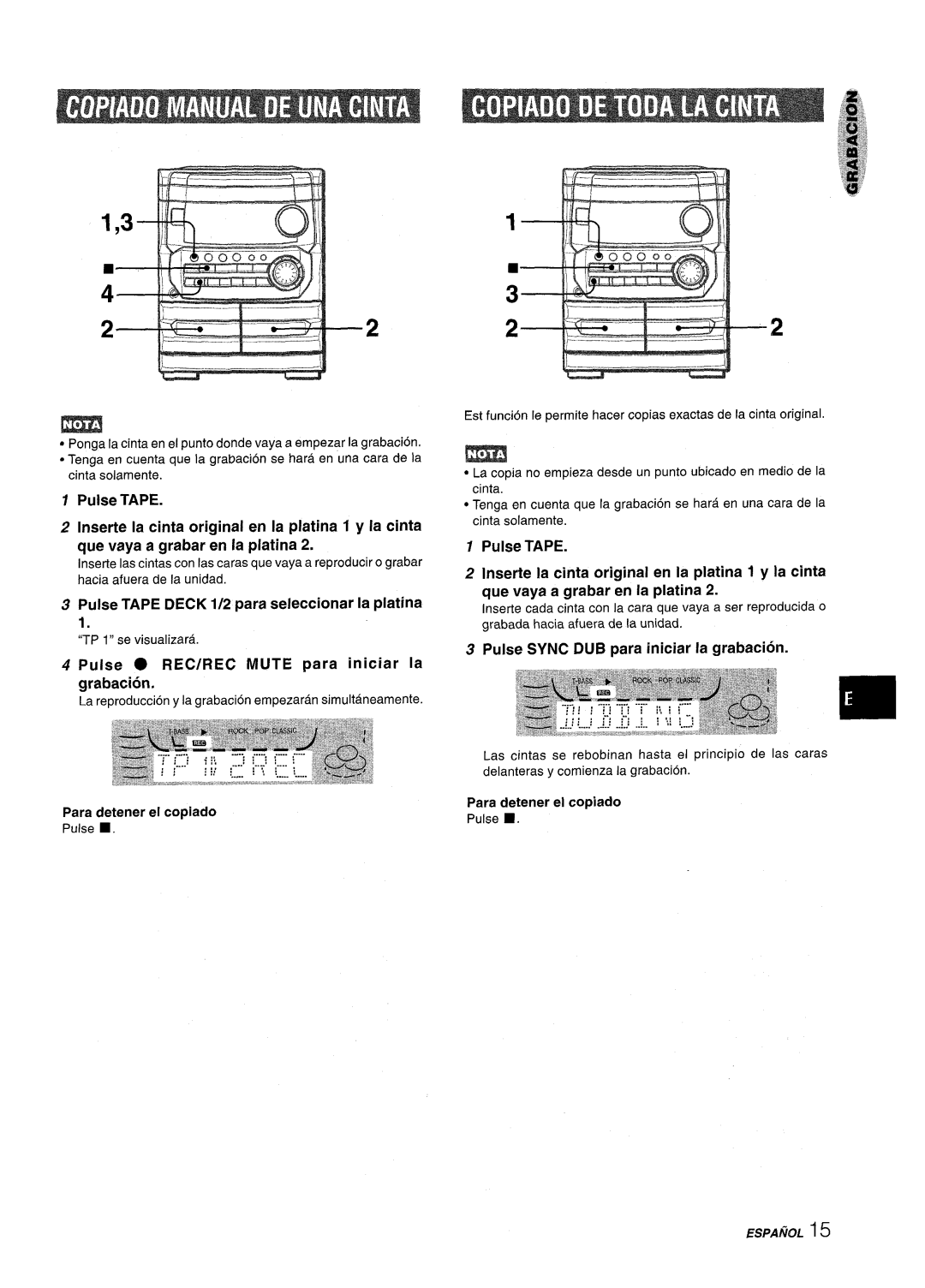 Aiwa NSX-MT241, CX-NMT240 manual Pulse Tape Deck 1/2 para seleccionar la platlna, Pulse Sync DUB para iniciar la grabacion 