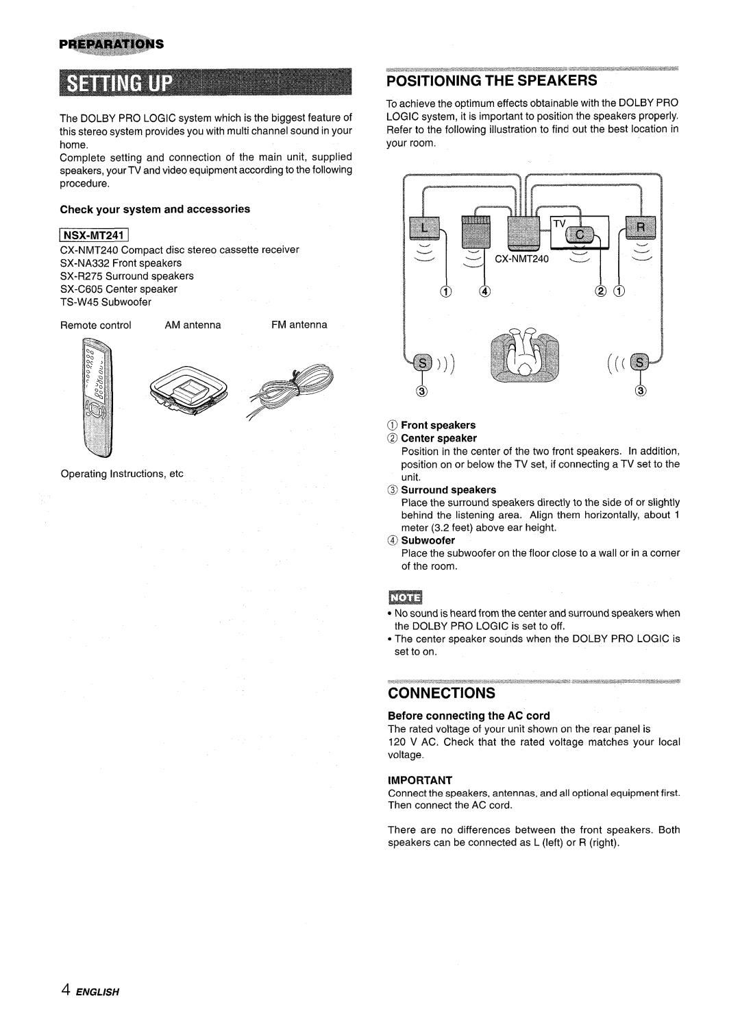 Aiwa CX-NMT240, NSX-MT241 manual Positioning the Speakers 