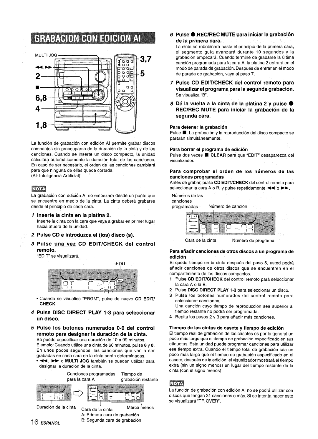 Aiwa CX-NMT240, NSX-MT241 manual Inserte la cinta en la platina, Para borrar el programa de edition, Check 