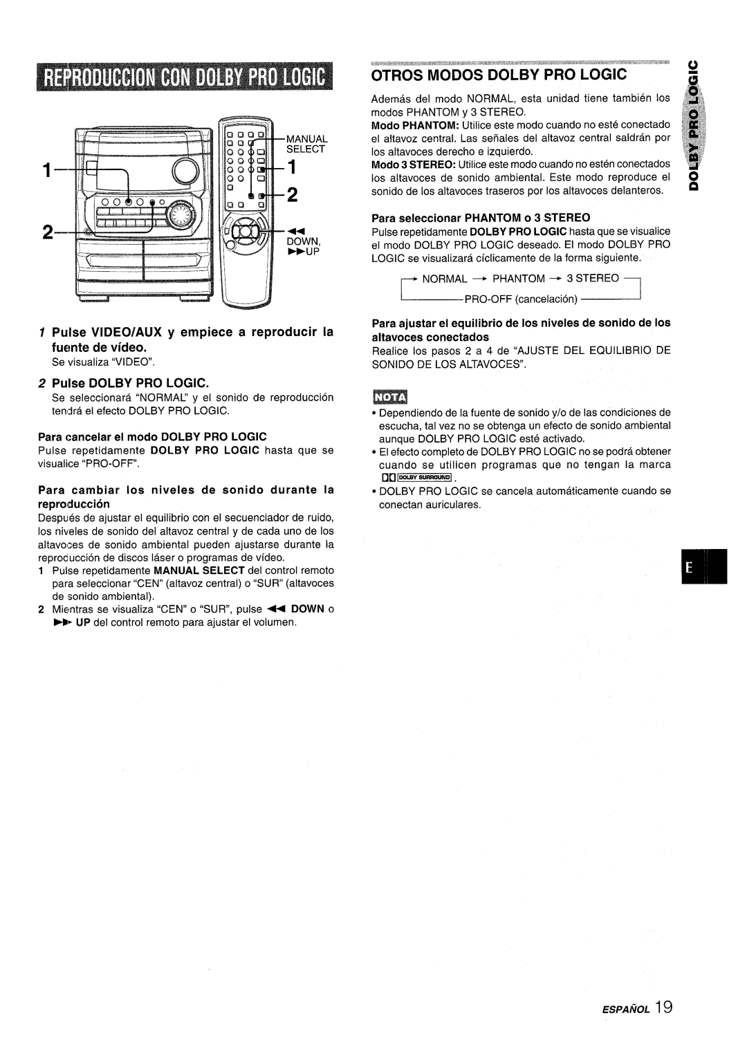 Aiwa NSX-MT241, CX-NMT240 Pulse Dolby PRO Logic, Para cancelar el modo Dolby PRO Logic, Para seleccionar Phantom 03 Stereo 