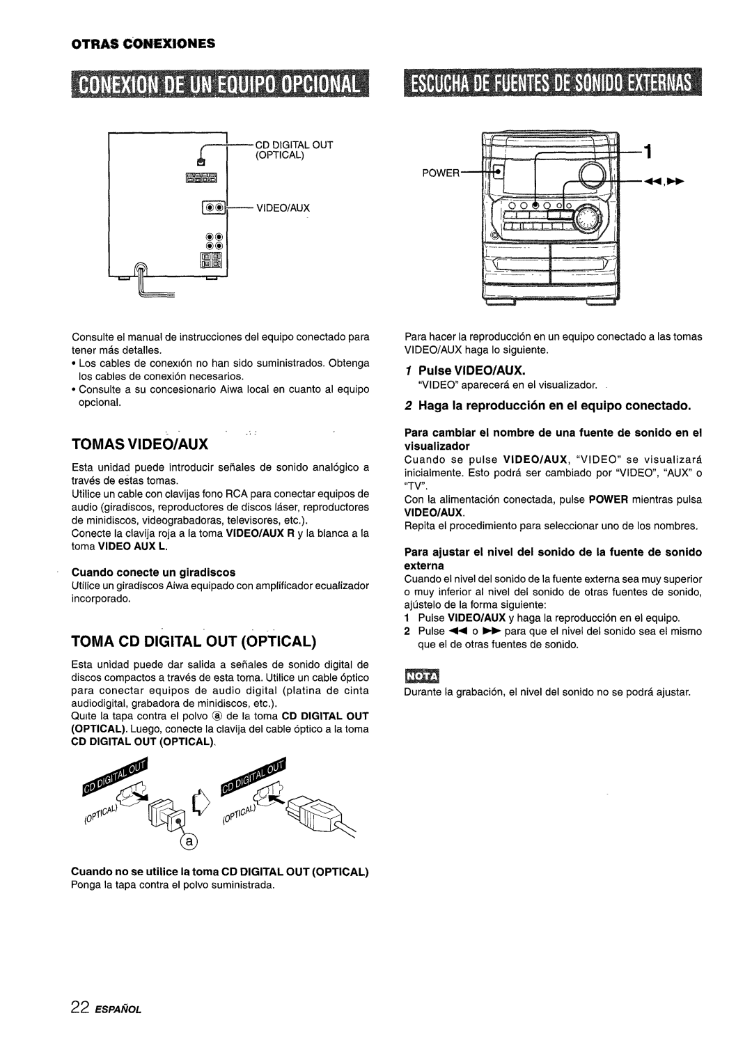 Aiwa CX-NMT240, NSX-MT241 manual Tomas VIDEO/AUX ’‘, Toma CD Digital OUT Optical, Pulse VIDEO/AUX, Video/Aux 