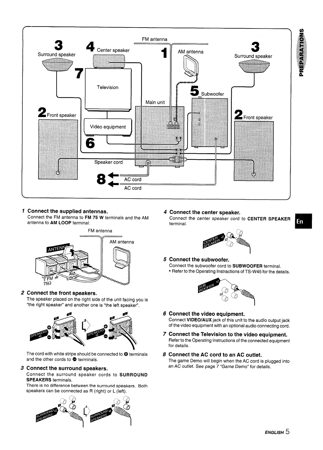 Aiwa NSX-MT241, CX-NMT240 manual Connect the supplied antennas, Connect the center speaker, Connect the front speakers 