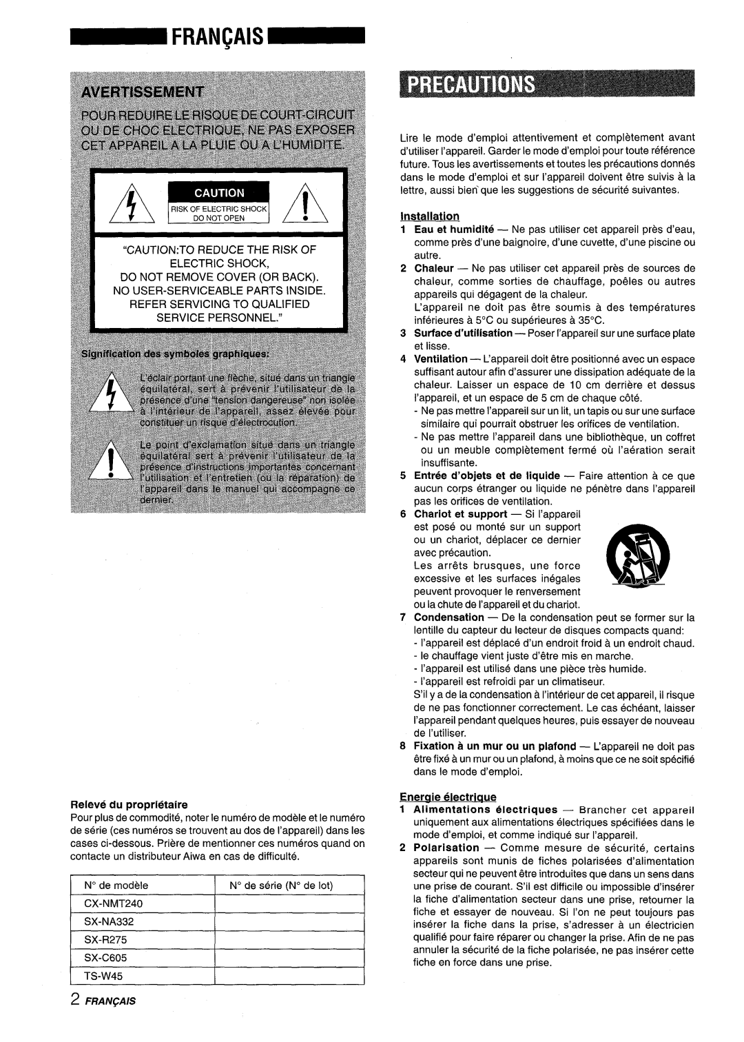 Aiwa CX-NMT240, NSX-MT241 manual Electric Shock, Releve du proprietaire 