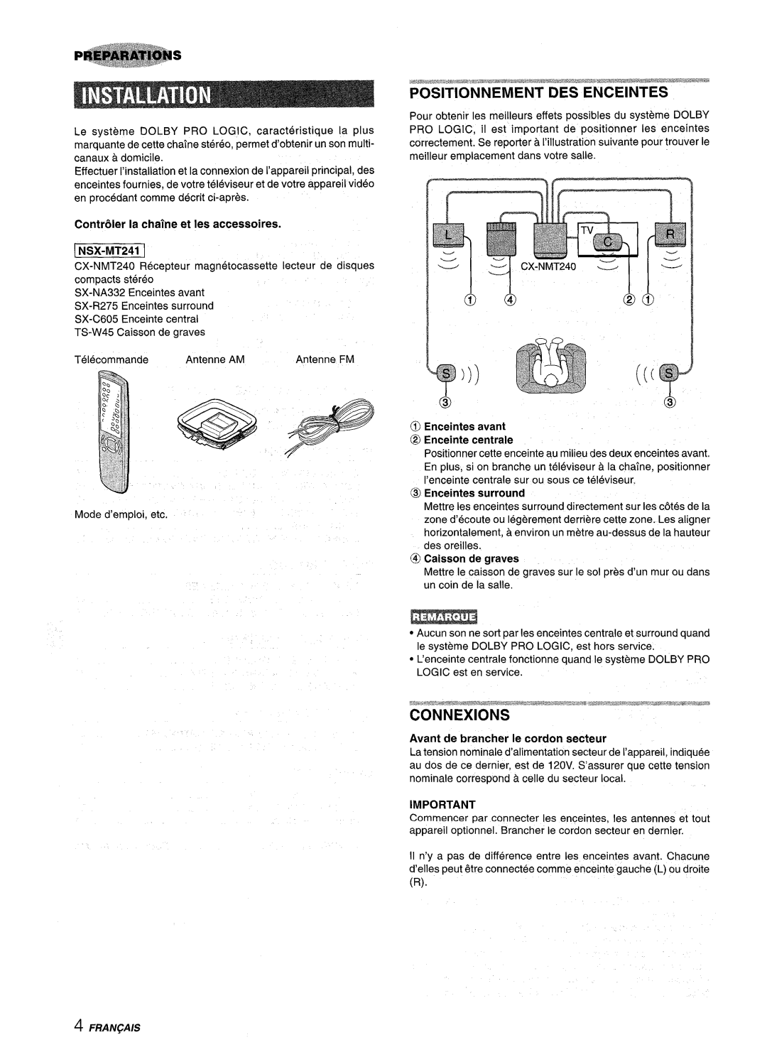 Aiwa CX-NMT240, NSX-MT241 manual @ Caisson de graves, @ Enceintes avant @ Enceinte centrale, @l Enceintes surround 