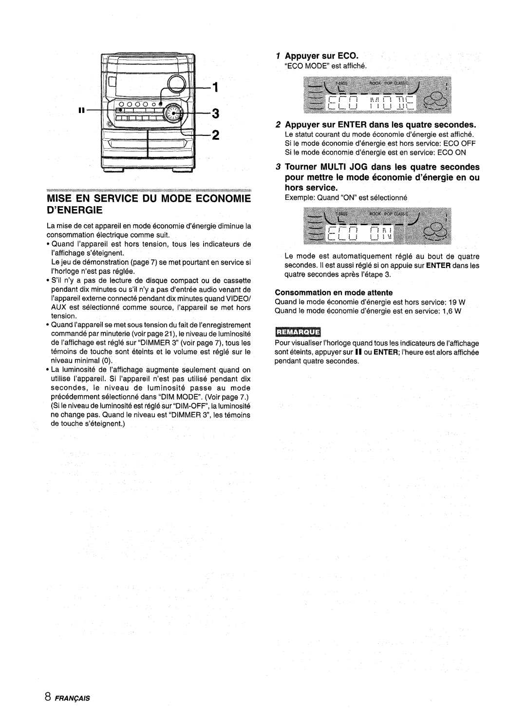 Aiwa CX-NMT240, NSX-MT241 manual Appuyer sur ECO, Appuyer sur Enter clans Ies quatre secondes 