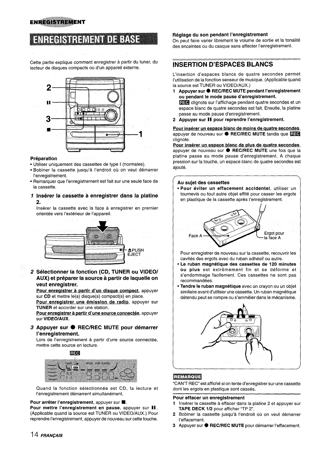 Aiwa CX-NMT240, NSX-MT241 manual Insertion D’ESPACES Blancs, Preparation, Inserer la cassette a enregistrer clans la platine 