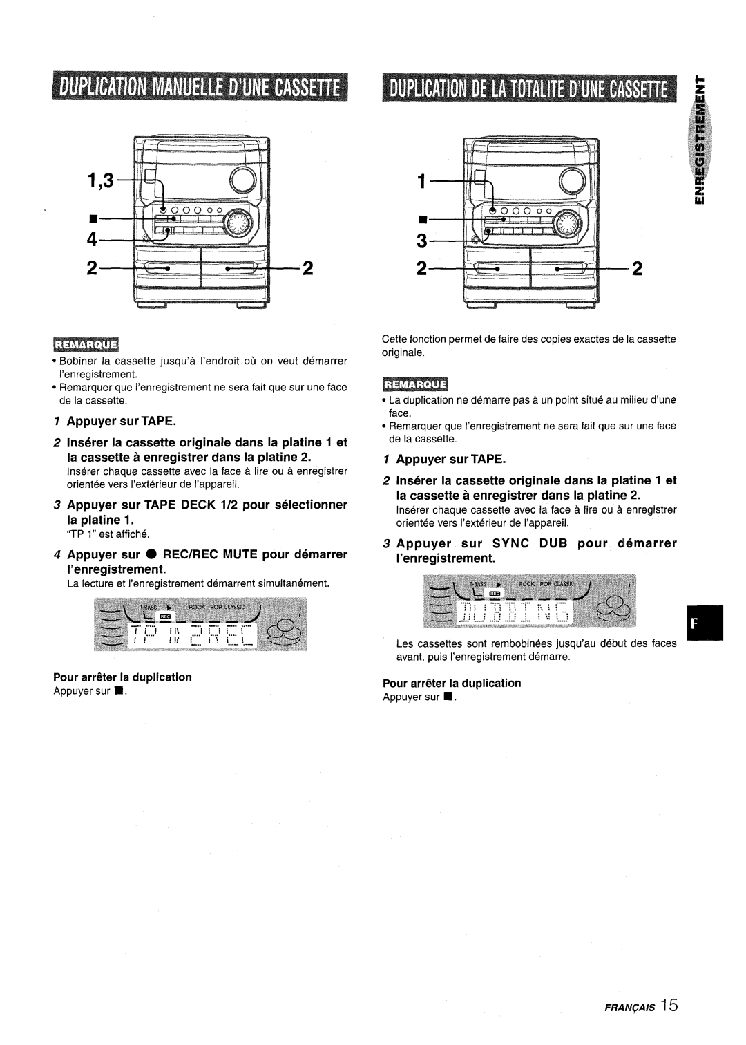 Aiwa NSX-MT241, CX-NMT240 manual Appuyer sur Tape Deck 1/2 pour selectionner la platine, Pour arri%er la duplication 