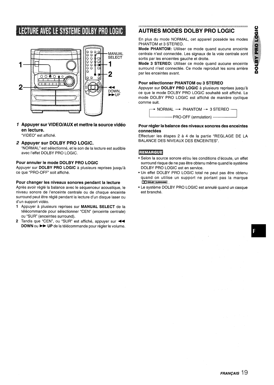 Aiwa NSX-MT241, CX-NMT240 manual Appuyer sur VIDEO/AUX et mettre la source video en lecture, Appuyer sur Dolby PRO Logic 