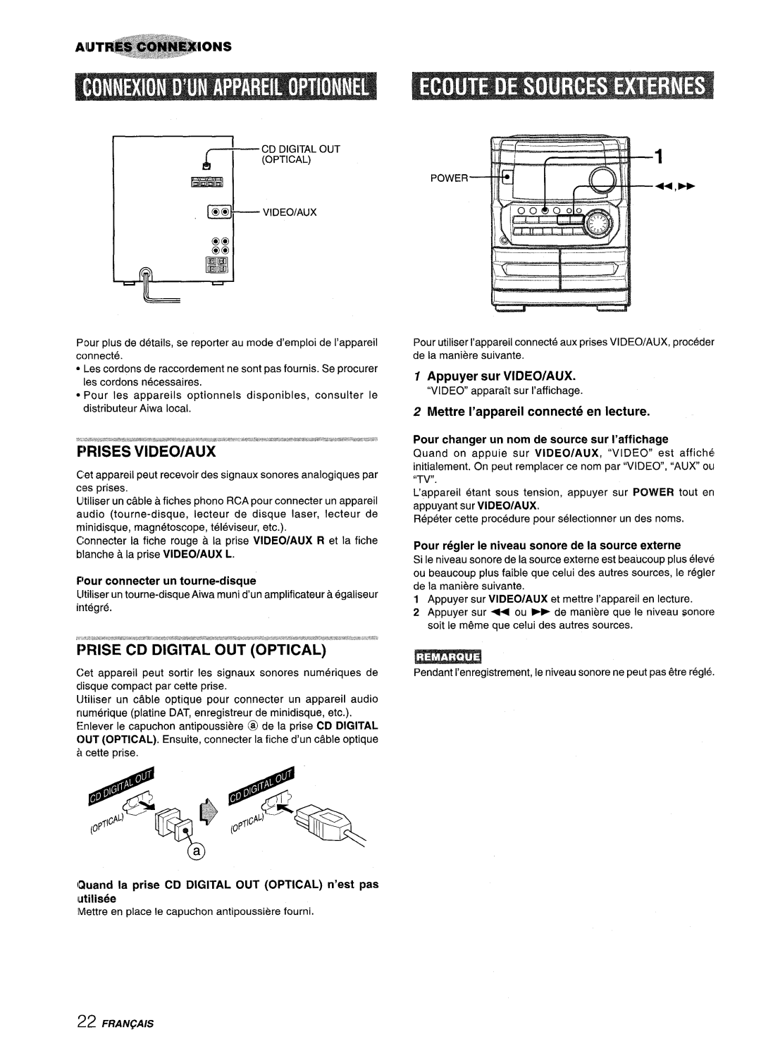 Aiwa CX-NMT240, NSX-MT241 manual Prise CD Digital OUT Optical, Flour connecter un tourne-disque 