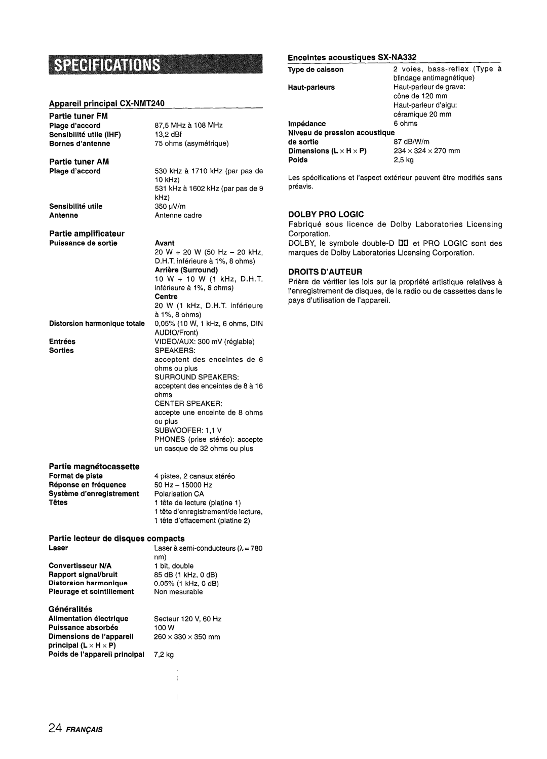 Aiwa CX-NMT240, NSX-MT241 manual Generalities, Droits D’AUTEUR 