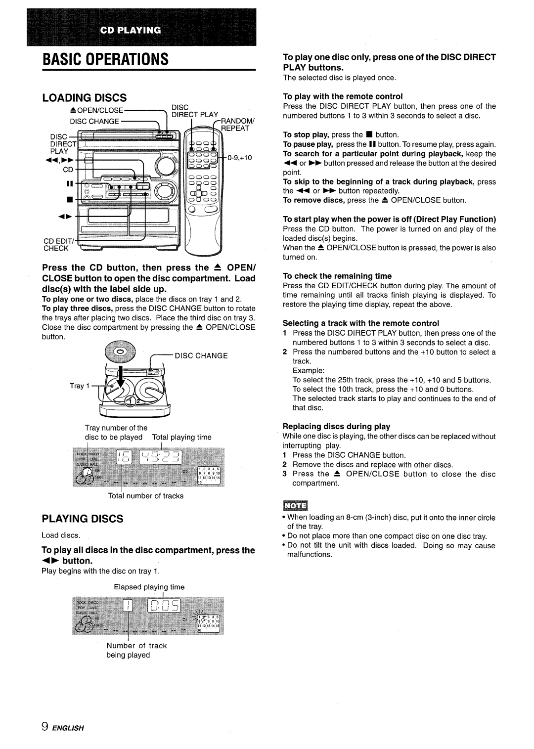 Aiwa CX-NMT50 Basic Operations, Playing Discs, Selecting a track with the remote control, To check the remaining time 