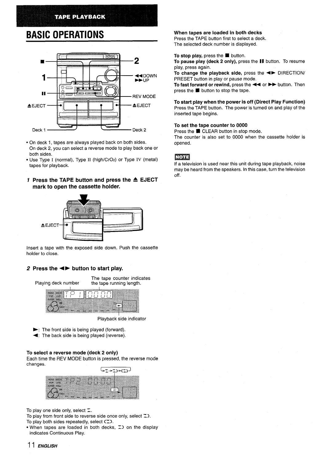 Aiwa CX-NMT50 manual Press the + E button to start play, To select a reverse mode deck 2 only 