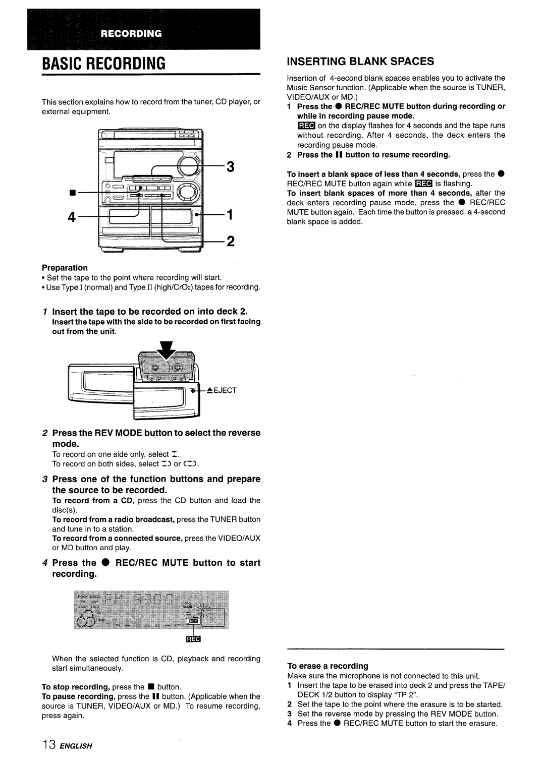 Aiwa CX-NMT50 manual Basic Recording, Inserting Blank Spaces 