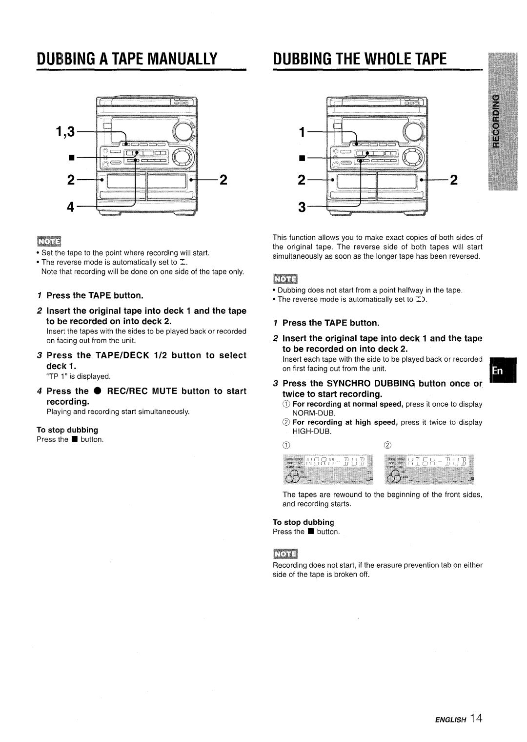 Aiwa CX-NMT50 Dubibing a Tape Manually, Press the Tape button, For recording at normal speed, press it once to display 