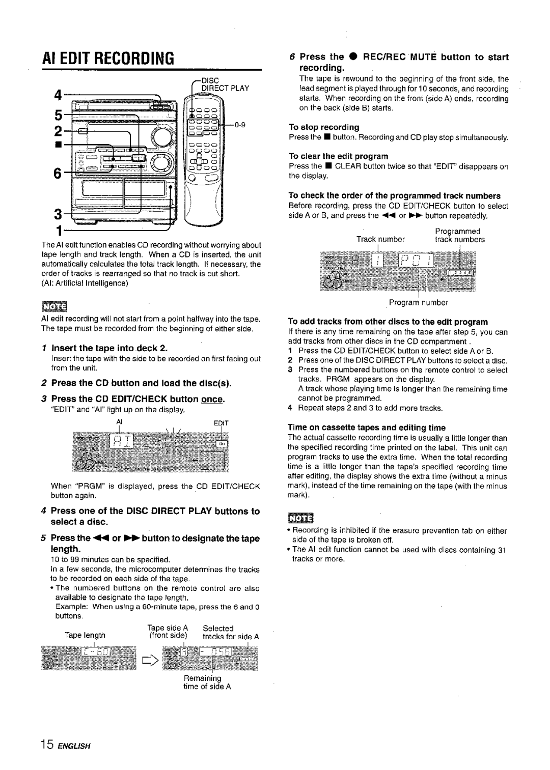 Aiwa CX-NMT50 Insert the tape into deck, To clear the edit program, To check the order of the programmed track numbers 