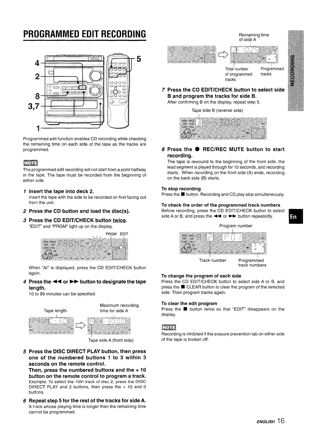 Aiwa CX-NMT50 manual Programmed Edit Recording, Press the 4 or button to designate the tape length 