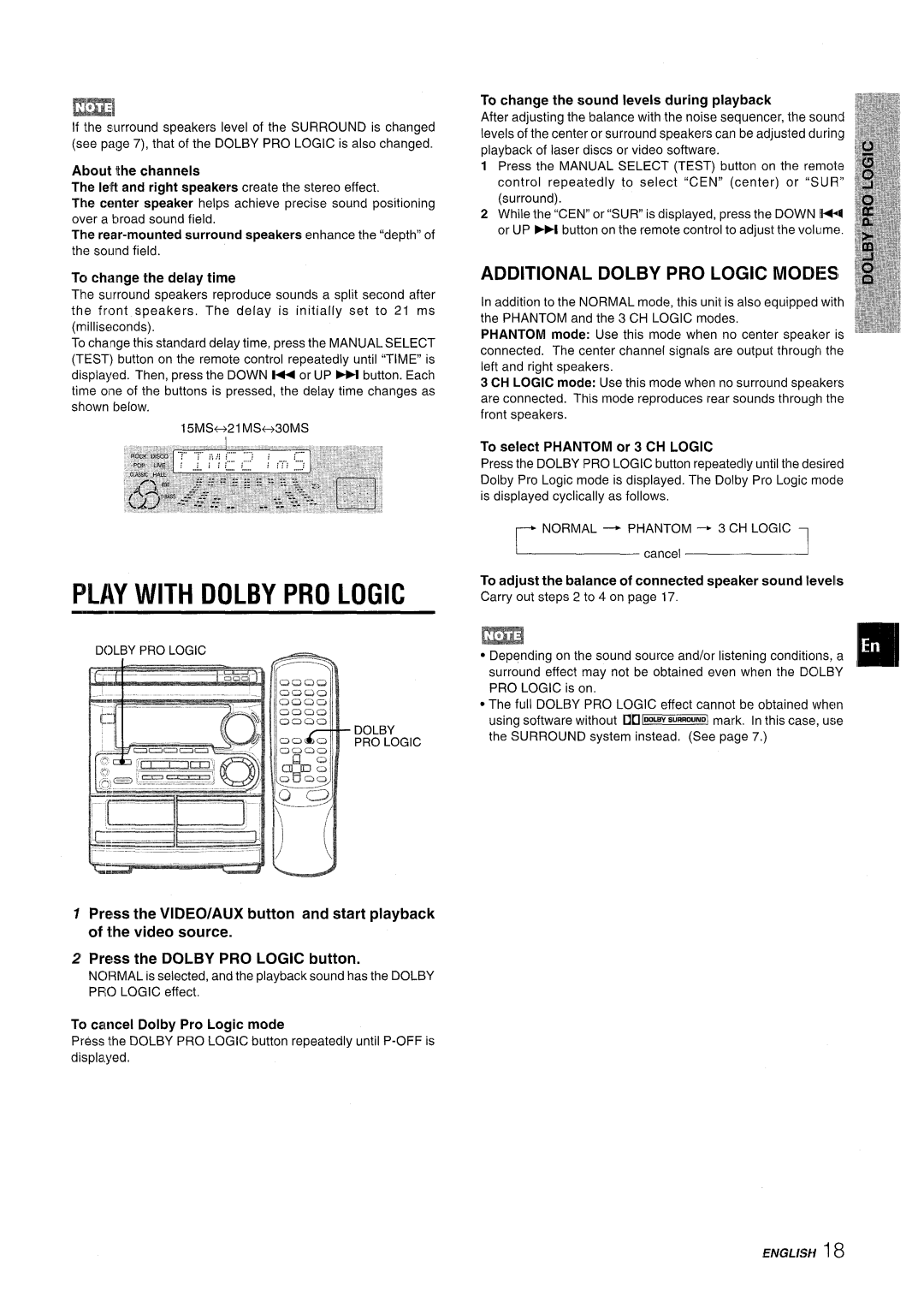 Aiwa CX-NMT50 manual Play with Dolby PRO Logic, Additional Dolby PRO Logic Modes 