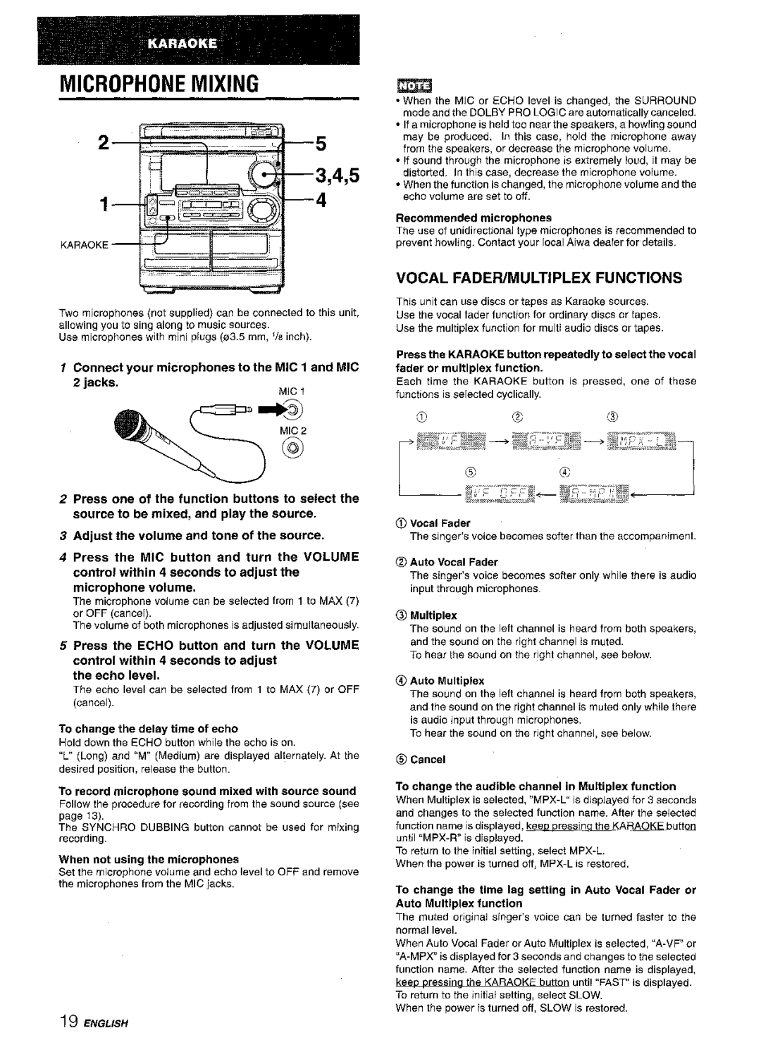 Aiwa CX-NMT50 manual Microphone Mixing, Vocal Fadefumultiplex Functions, Connect your microphones to the MIC 1 and MIC 