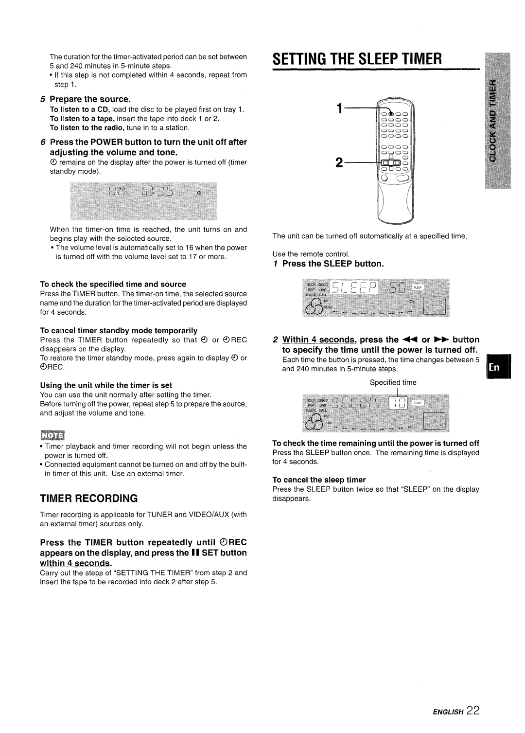 Aiwa CX-NMT50 manual Setting the Sleep Timer ~, Tmer Recording, Prepare the source 