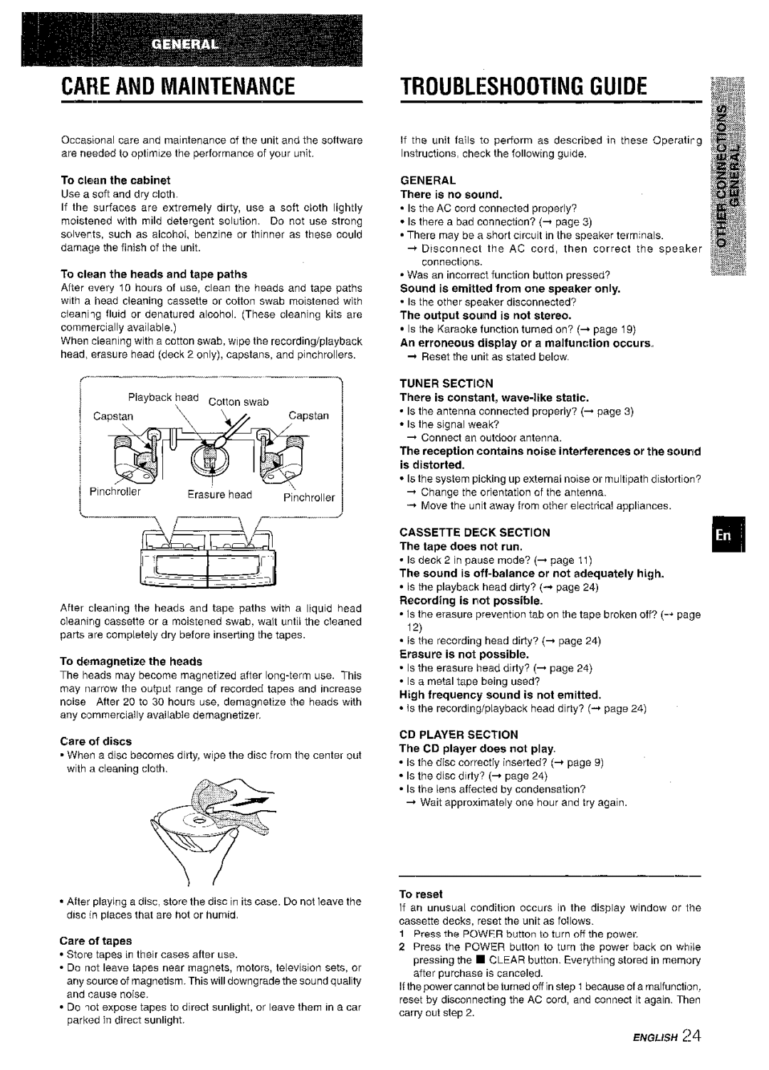 Aiwa CX-NMT50 manual Care and Maintenance, Troubleshooting Guide 