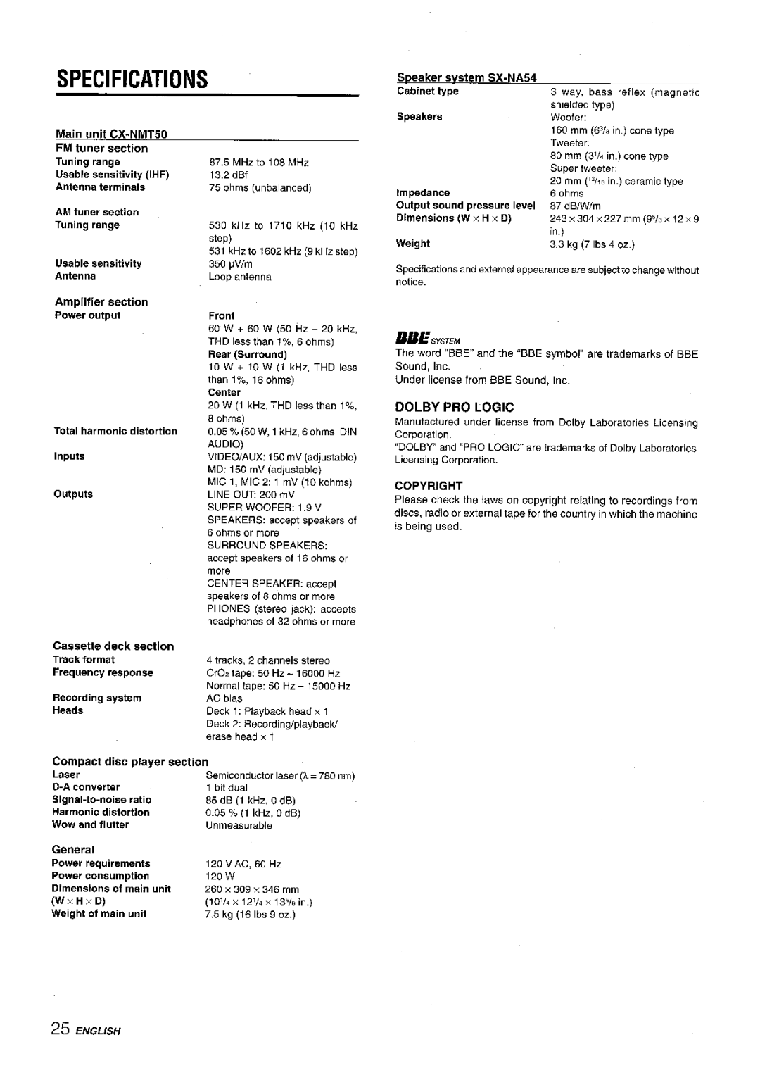 Aiwa manual Specifications, Main unit CX-NMT50 FM tuner section, Amplifier section, Compact disc player section 