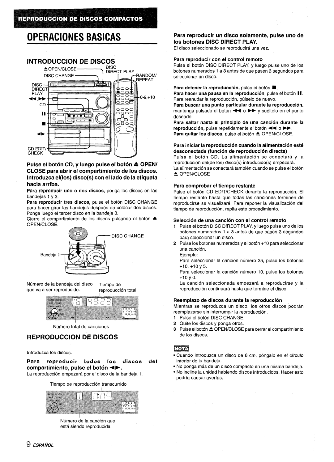 Aiwa CX-NMT50 manual Introduction DE Discos, Reproduction DE Discos, Para reproducer con el control remoto 