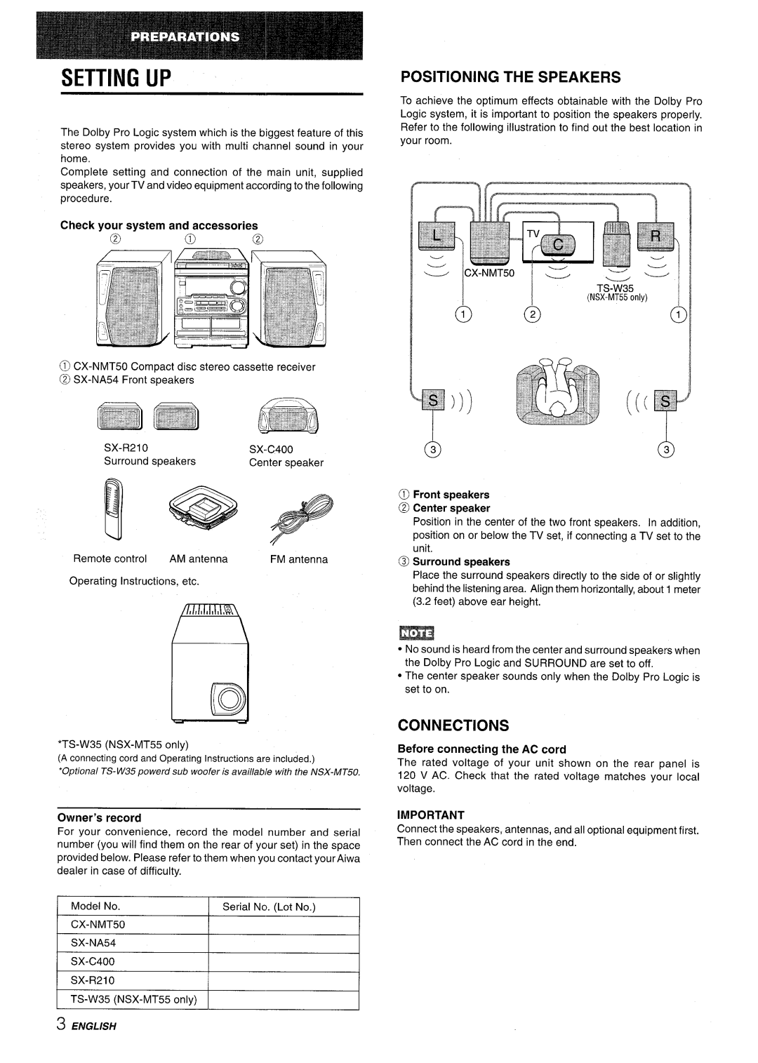 Aiwa manual Setting UP, Positioning the Speakers, Connections, CX-NMT50 SX-NA54 