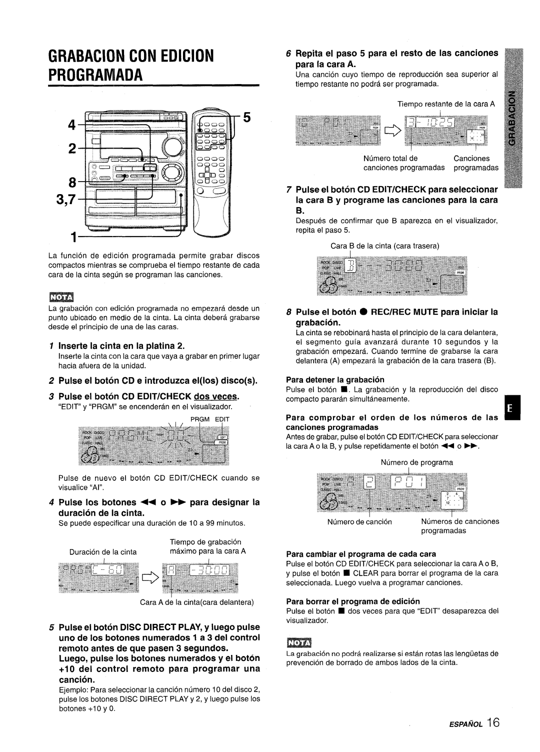 Aiwa CX-NMT50 manual Grabacion CON Edicion Programiada, Para cambiar el programa de cada cara 