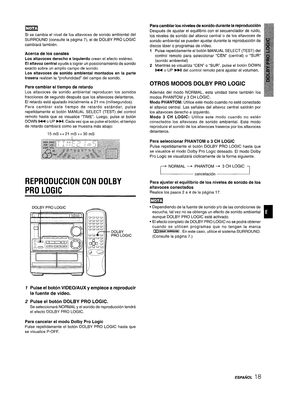 Aiwa CX-NMT50 manual Reproduction CON Dolby PRO Logic, Otros Modos Dolby PRO Logic, Acerca de 10s canales 