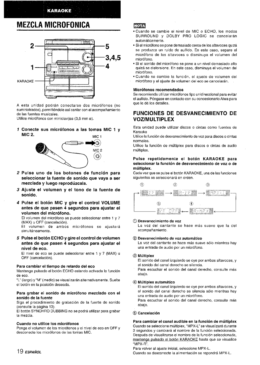 Aiwa CX-NMT50 manual Mezcla Microfonica, Funciones DE Desvanecimiento DIE Vozmultiplex 