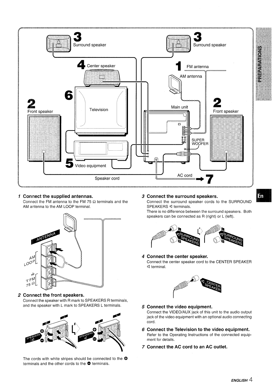 Aiwa CX-NMT50 manual Connectt Hesupplieda Ntennas, Speakers, Connect the center speaker, Cormect the front speakers 