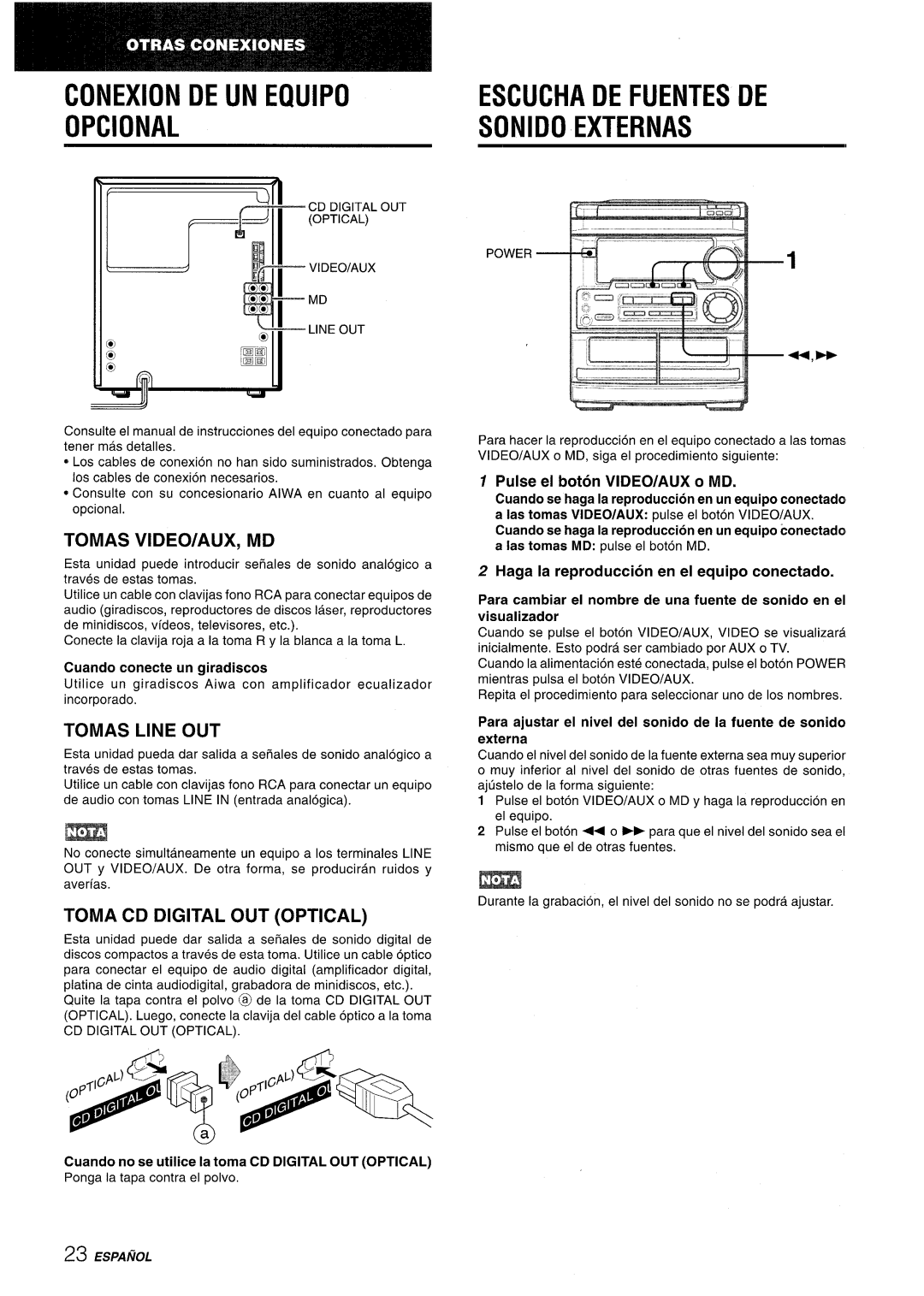 Aiwa CX-NMT50 manual Conexion DE UN Equipo, Opcional Sonido Externas, Tomas VIDEO/AUX, MD, Tomas Line OUT 