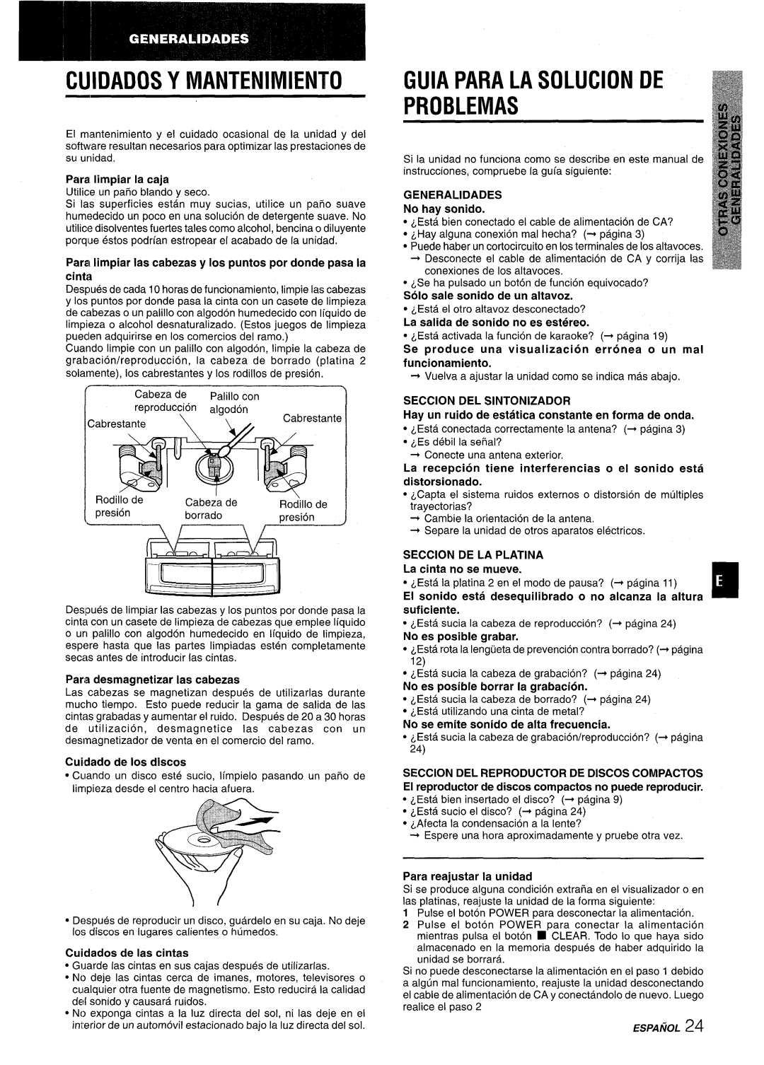 Aiwa CX-NMT50 manual Cuidados Y Mantenimiento, Guia Para LA Solucion DE Problemas, La salida de sonido no es estereo 