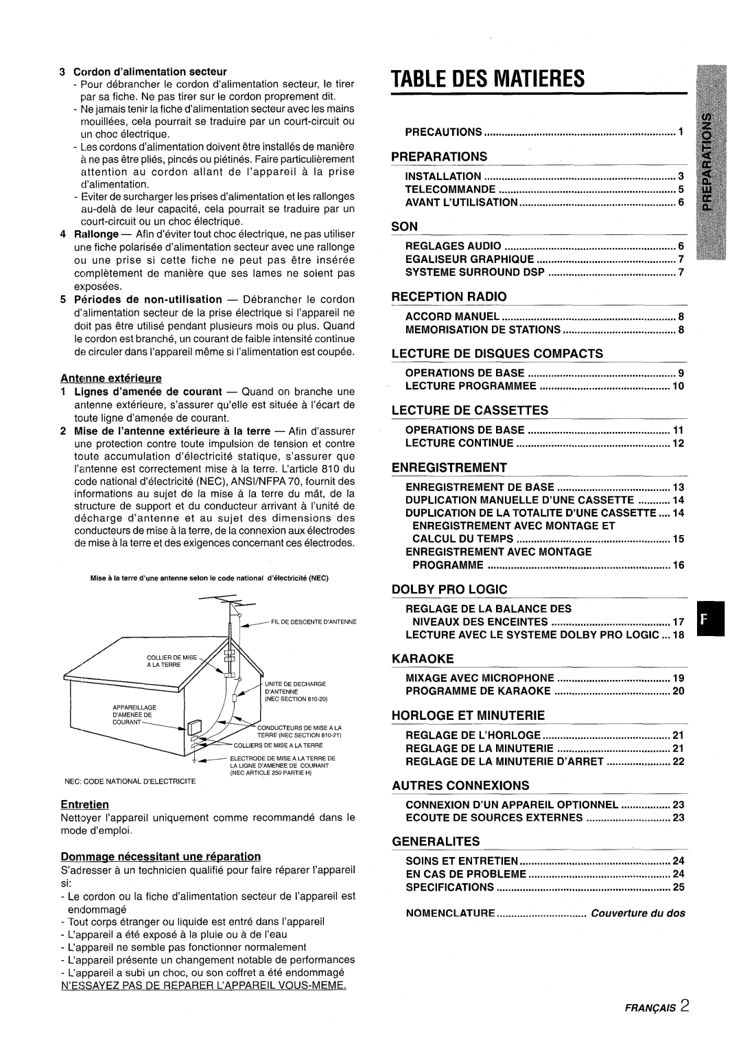 Aiwa CX-NMT50 manual DES Matieres, Cordon d’alimentation secteur, Entretien, Bnmacie necessitant une reparation 