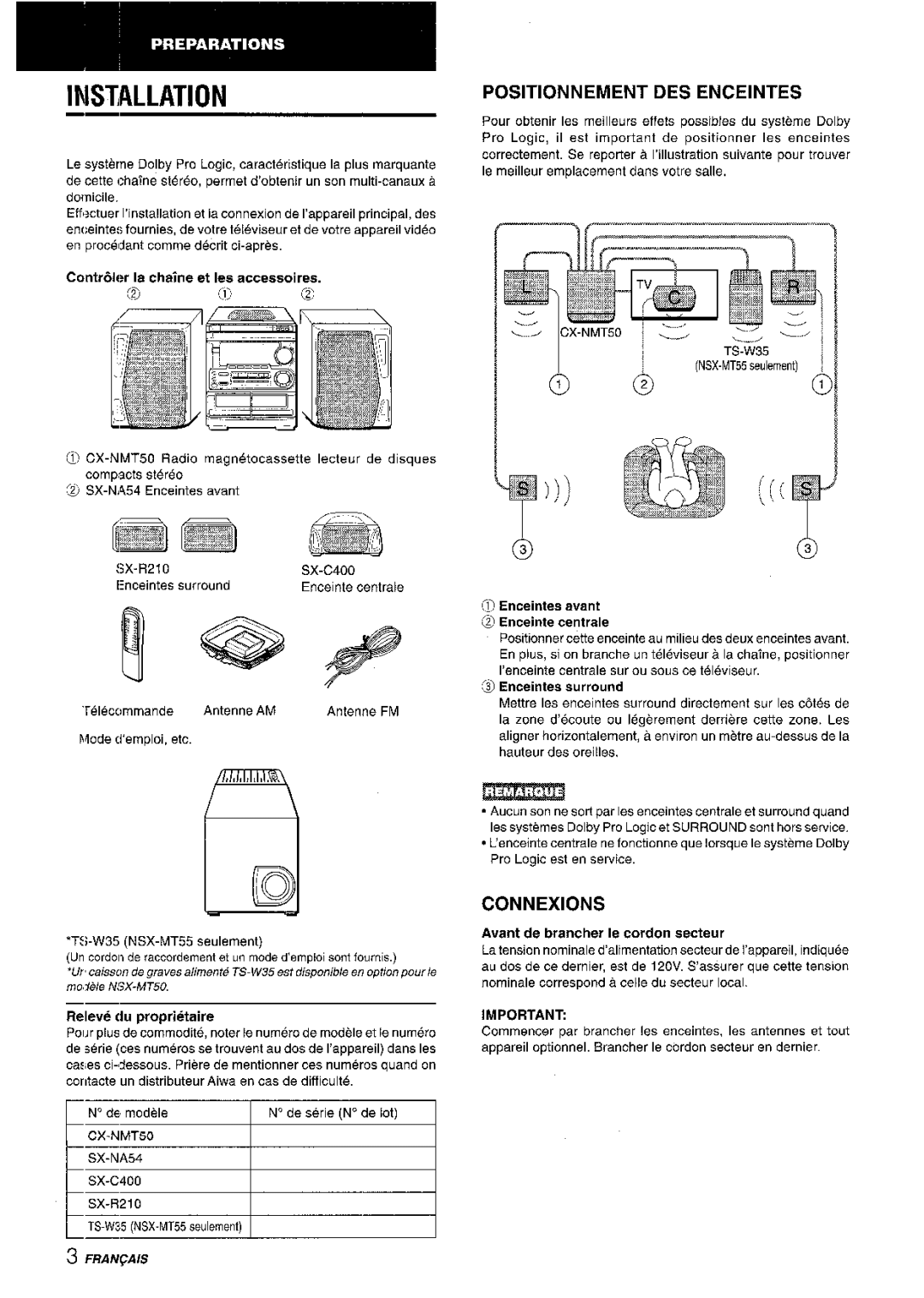 Aiwa CX-NMT50 manual Installation, Positionnement DES Enceintes, Connexions 