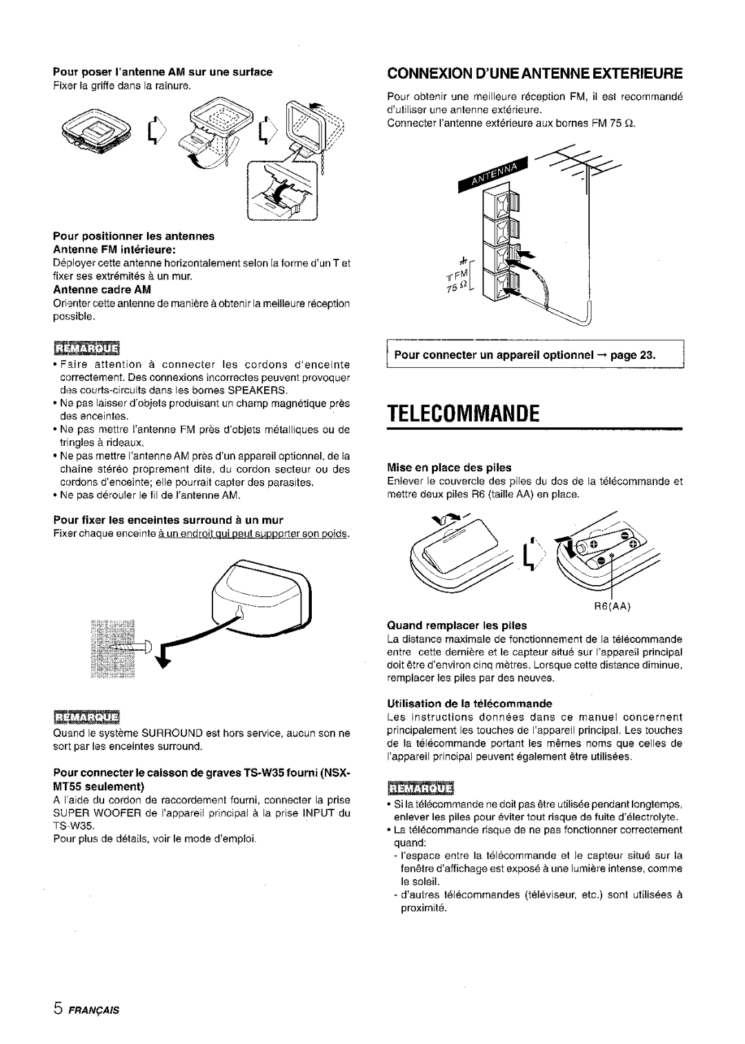 Aiwa CX-NMT50 manual Telecommande, Connexion D’UNEANTENNE Exterieure 