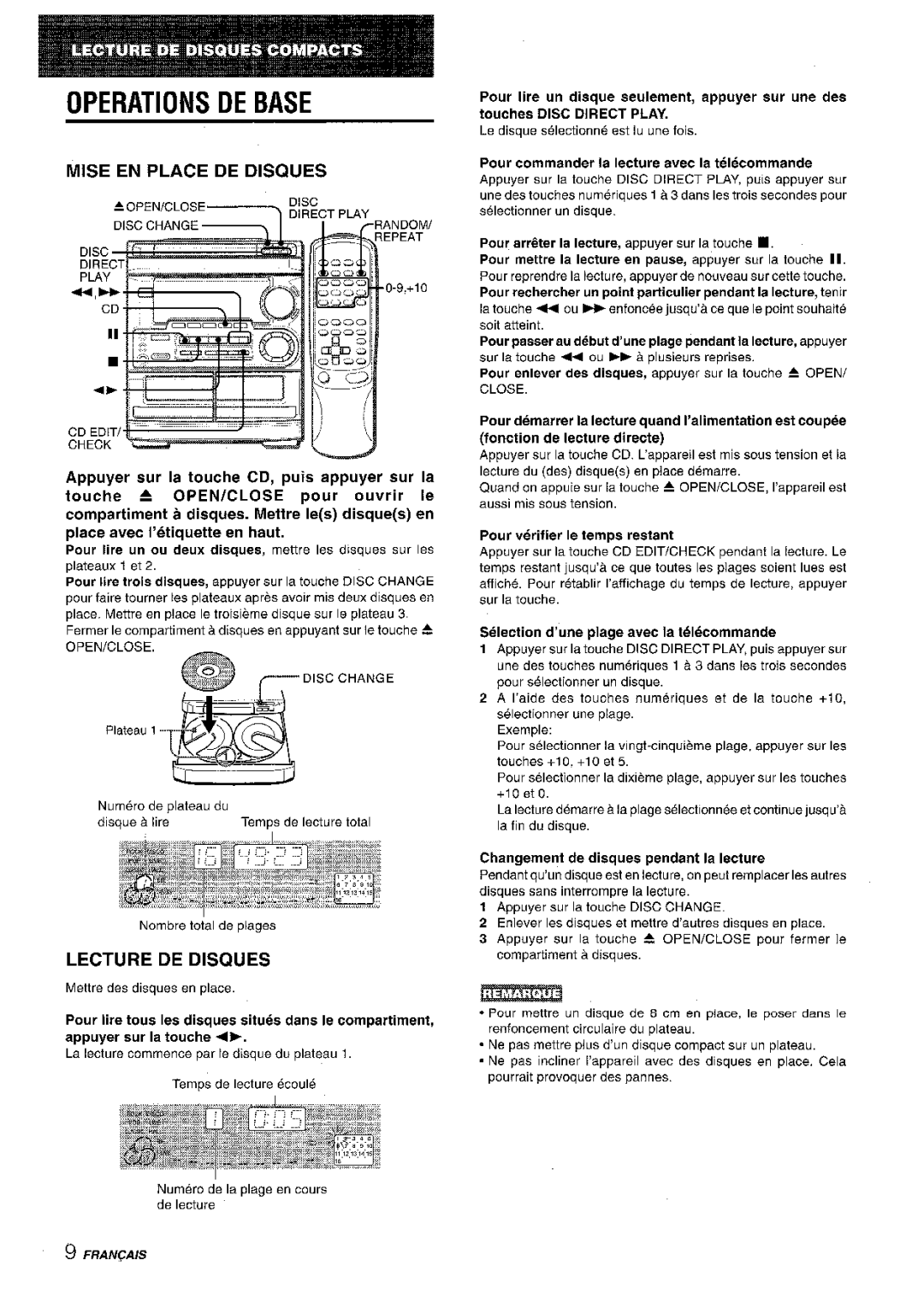 Aiwa CX-NMT50 manual Operations DE Base, Mise EN Place DE Disques, Lecture DE Disques 