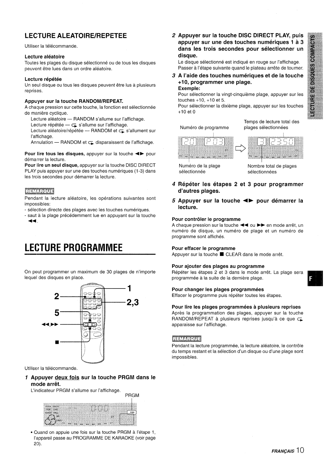 Aiwa CX-NMT50 manual Lecture Programmed, Lecwre ALEATOIRE/REPETEE, Appuyer deux fois sur la touche Prgm clans Ie mode arrt% 