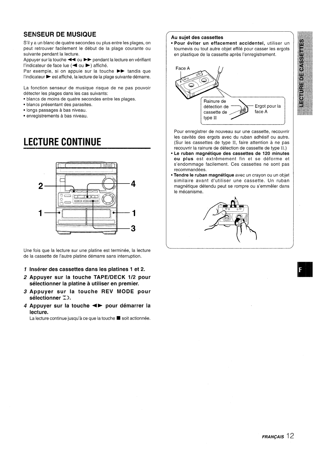 Aiwa CX-NMT50 manual Lecture Continue, Seniseur DE Musique, Au sujet des cassettes 