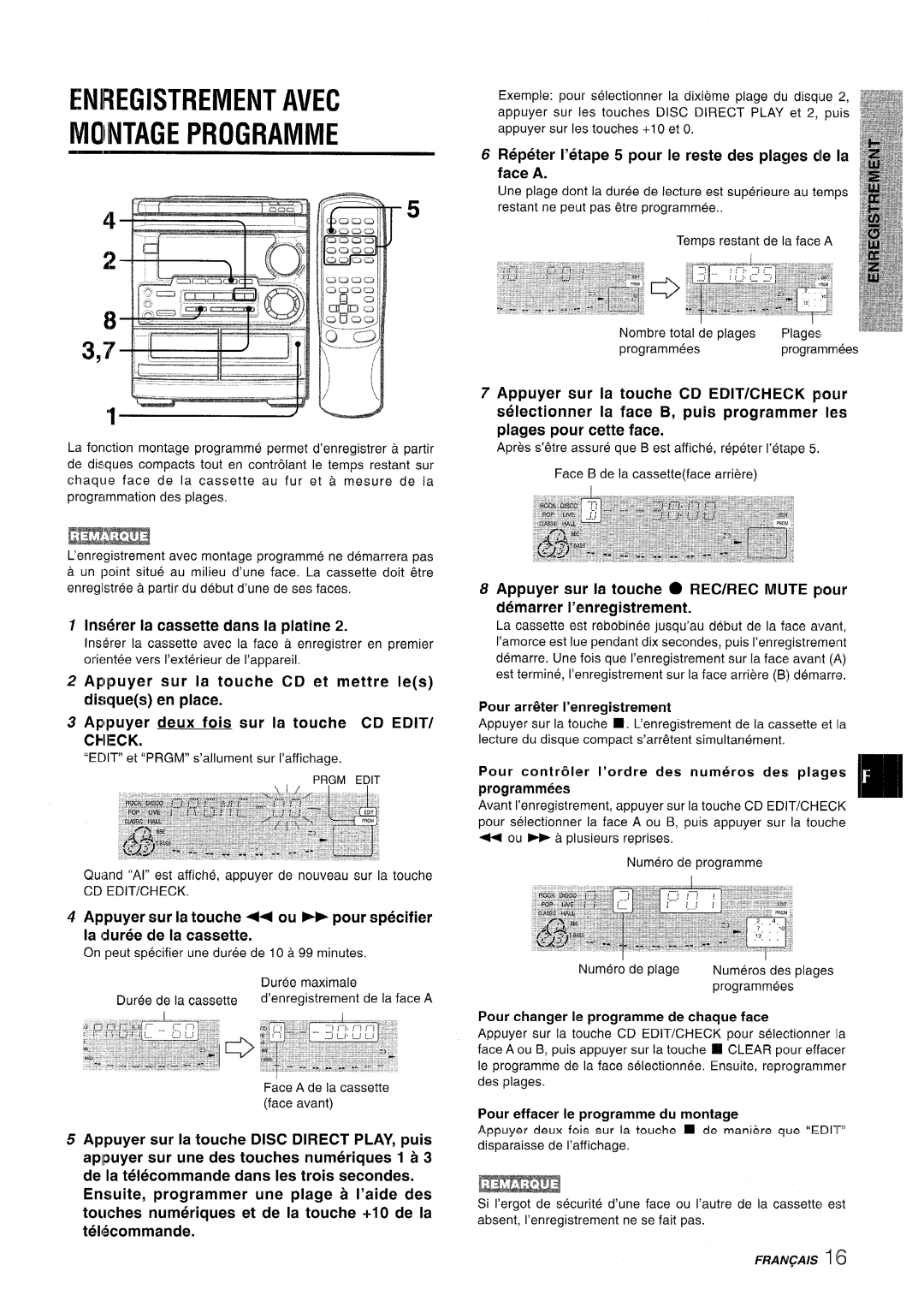 Aiwa CX-NMT50 manual Mointage Programme, Lns4rer la cassette clans la platine, Pour changer he programme de chaque face 