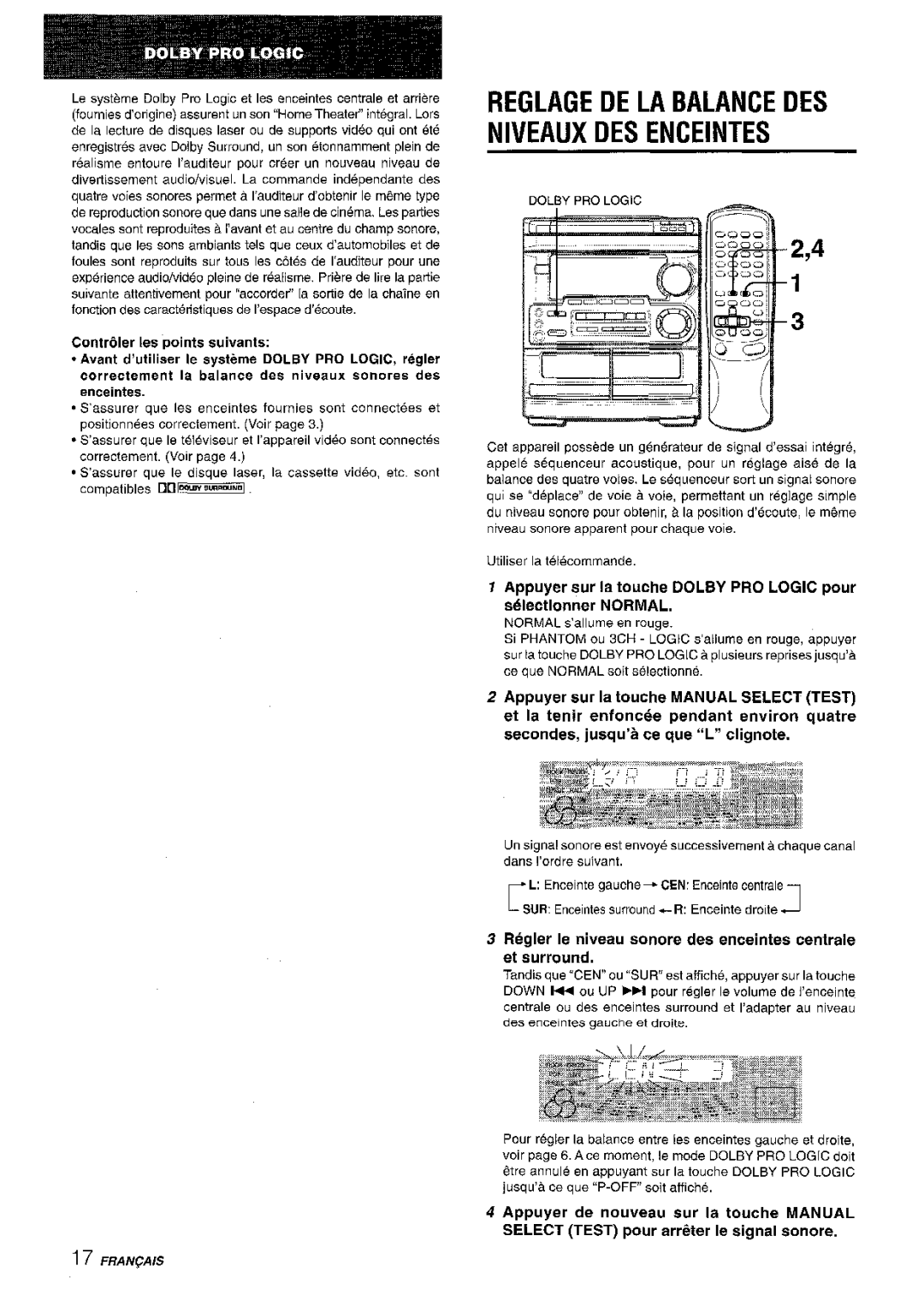 Aiwa CX-NMT50 Reglage DE LA Balance DES Niveaux DES Enceintes, Regler Ie niveau sonore des enceintes centrale et surround 