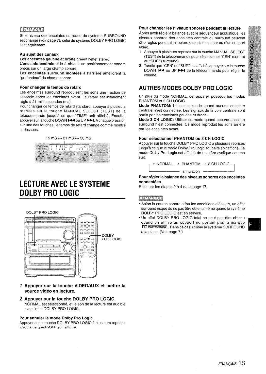 Aiwa CX-NMT50 manual Lecture Avec LE Systeme Doilby PRO Logic, Autres Modes Dolby PRO Logic, Au sujjet des canaux 