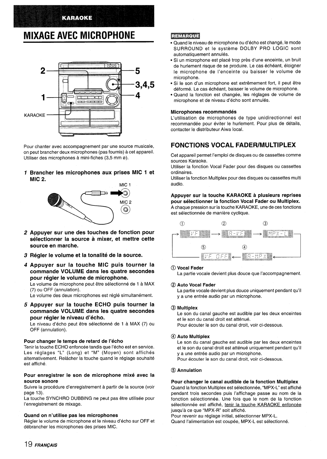 Aiwa CX-NMT50 manual Mixage Avec Microphone, Fonctions Vocal Fadefumultiplex, Brancher Ies microphones aux prises MIC 1 et 