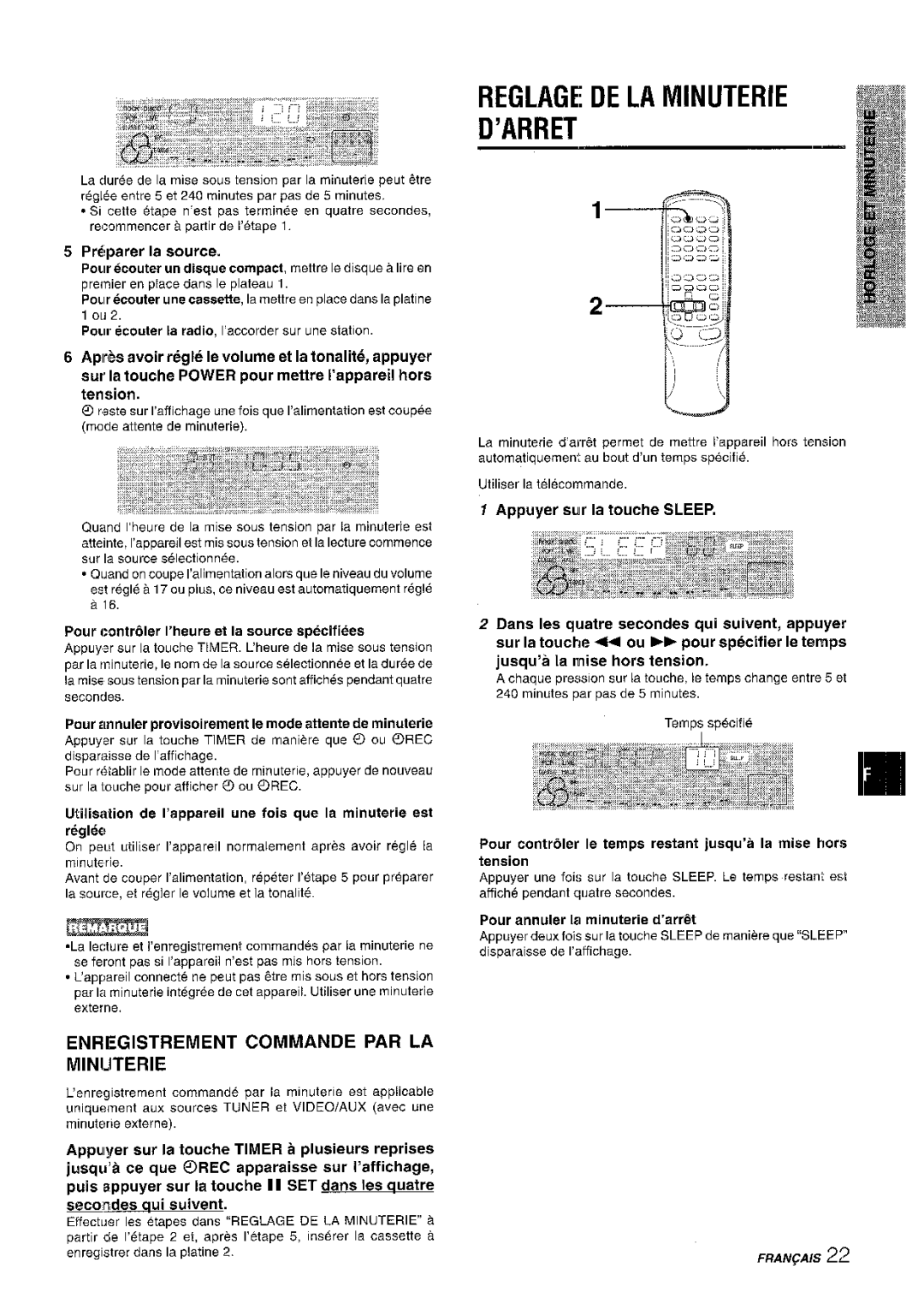 Aiwa CX-NMT50 manual Reglage DE LA Minuterie ’ARRET, Enregistrement Commande PAR LA Minijterie, Pr6parer la source 