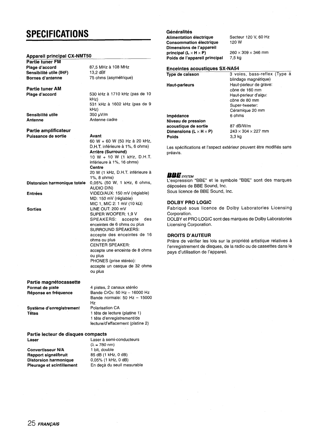 Aiwa manual Appareil principal CX-NMT50, Generalities, Enceintes acoustiques SX-NA54, Partie amplificateur 